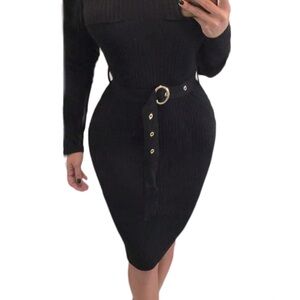 Long Sleeve Turtleneck Ribbed Sweater Midi Dress - Size M - Black